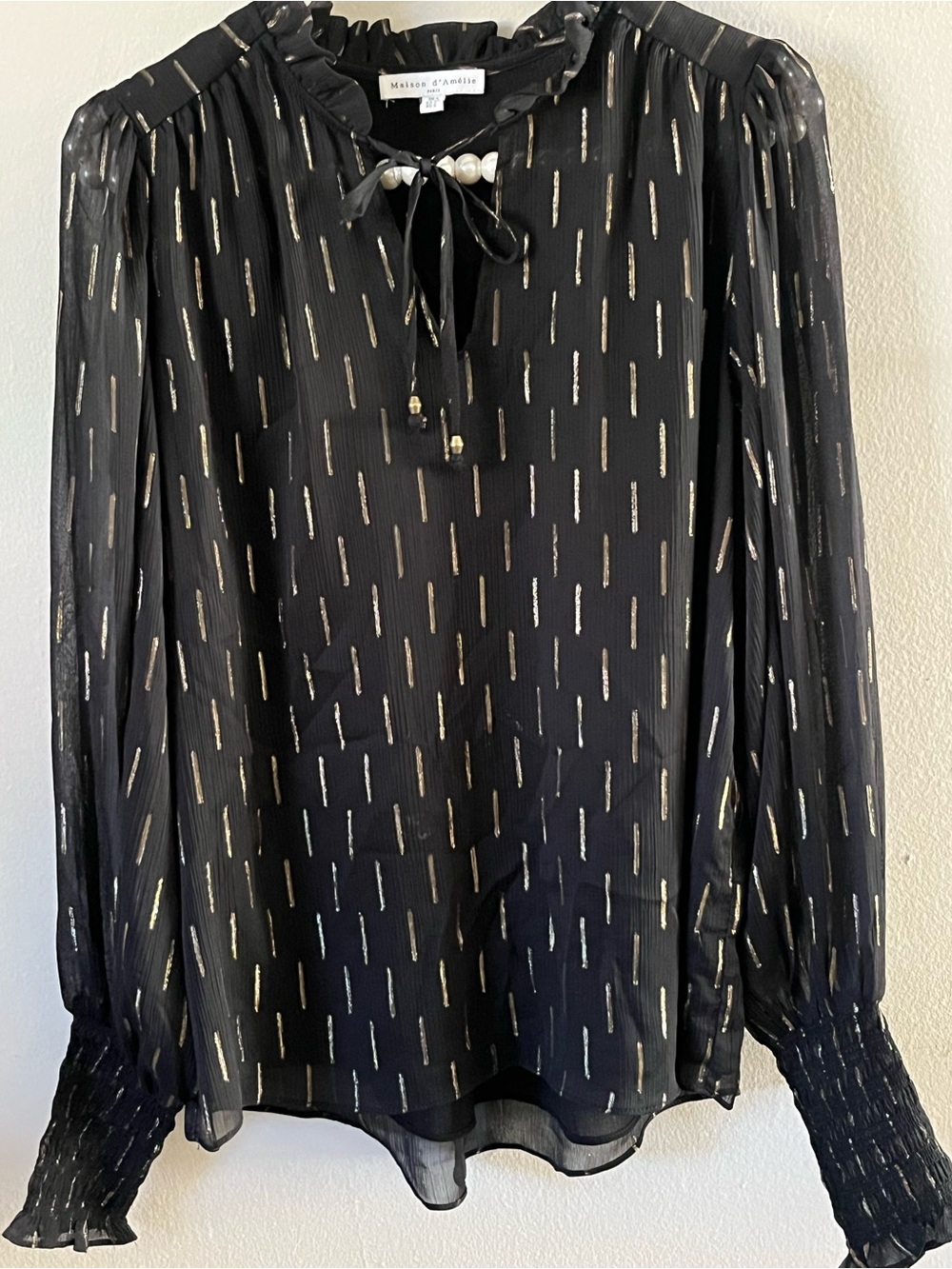 Maison d’Amélie Paris Black Gold Metallic Striped Ruffled Blouse Top Size Small